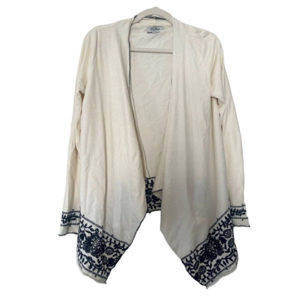 Lucky Brand Open Front Cardigan 100% Cotton Blue White Floral Waterfall  Small